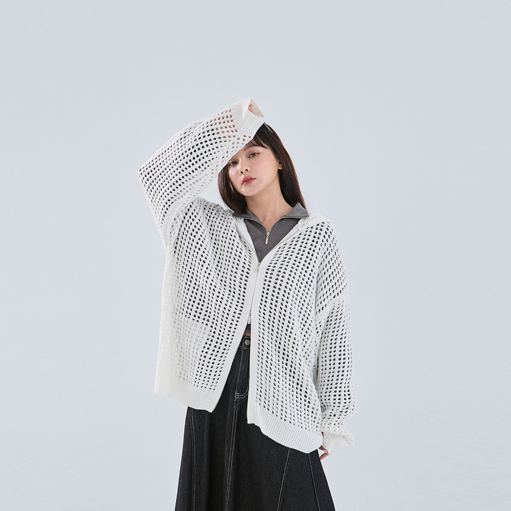 中性双头拉鍊篓空针织外套