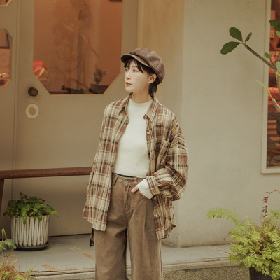 女装经典配色格纹宽版长袖衬衫