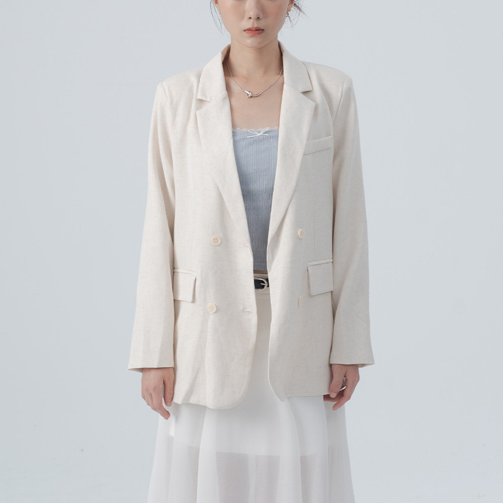QUEENSHOP 2026春夏女装蕾蒂v简约双排扣翻盖西装外套-杏02030581