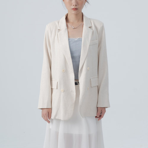 QUEENSHOP 2026春夏女装蕾蒂v简约双排扣翻盖西装外套-杏02030581