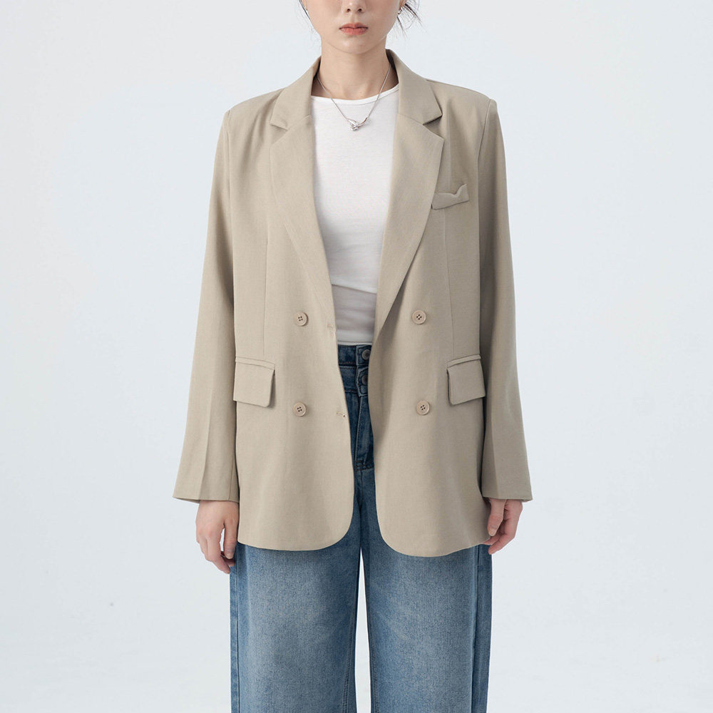 QUEENSHOP2026春夏女装蕾蒂v简约双排扣翻盖西装外套卡其02030582