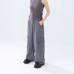 QUEENSHOP 2026春夏新品女装斜剪接工装口袋低腰弯刀裤04102045