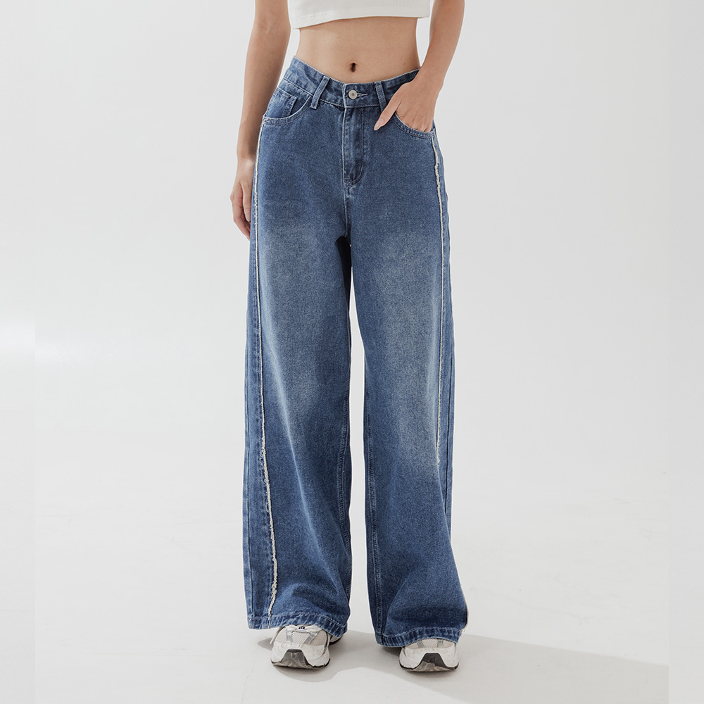 拼接设计直筒牛仔阔腿长裤
