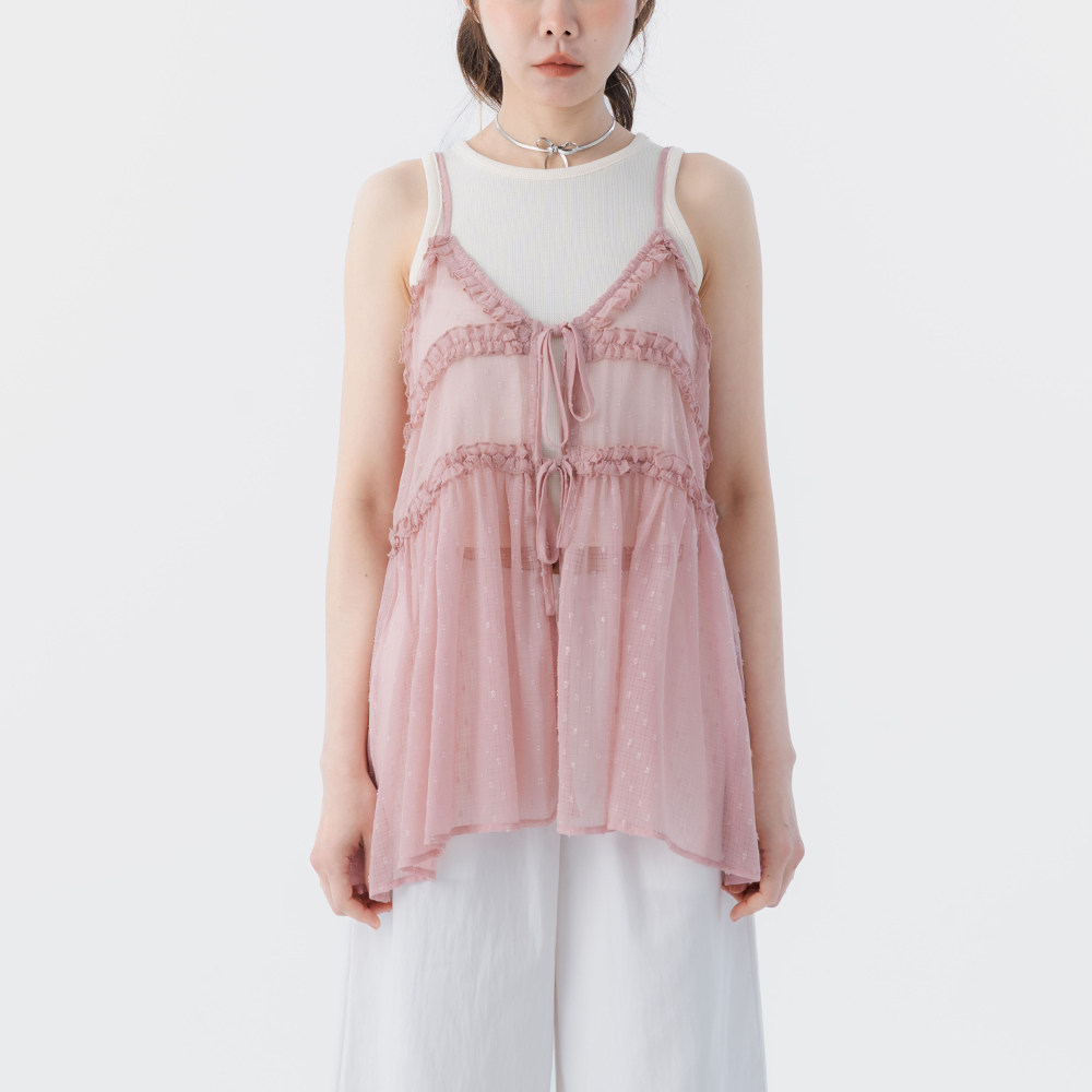 QUEENSHOP 2026春夏新品女装V领荷叶绑带细肩罩衫背心-粉01099583