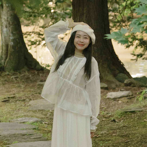 蕾丝荷叶造型透肤长袖上衣