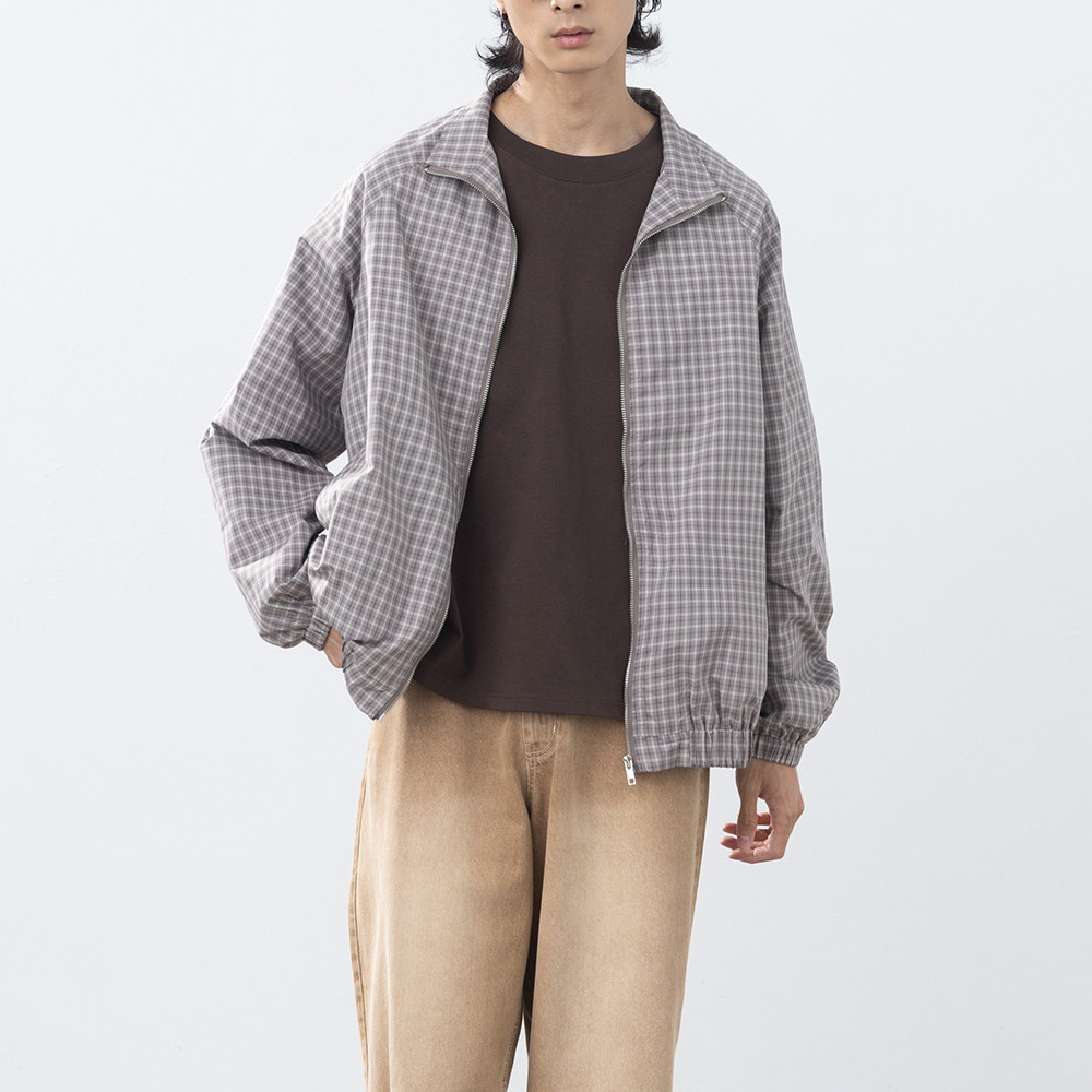 QUEENSHOP2026春夏新品男装经典格纹立领夹克长袖外套-灰02071703