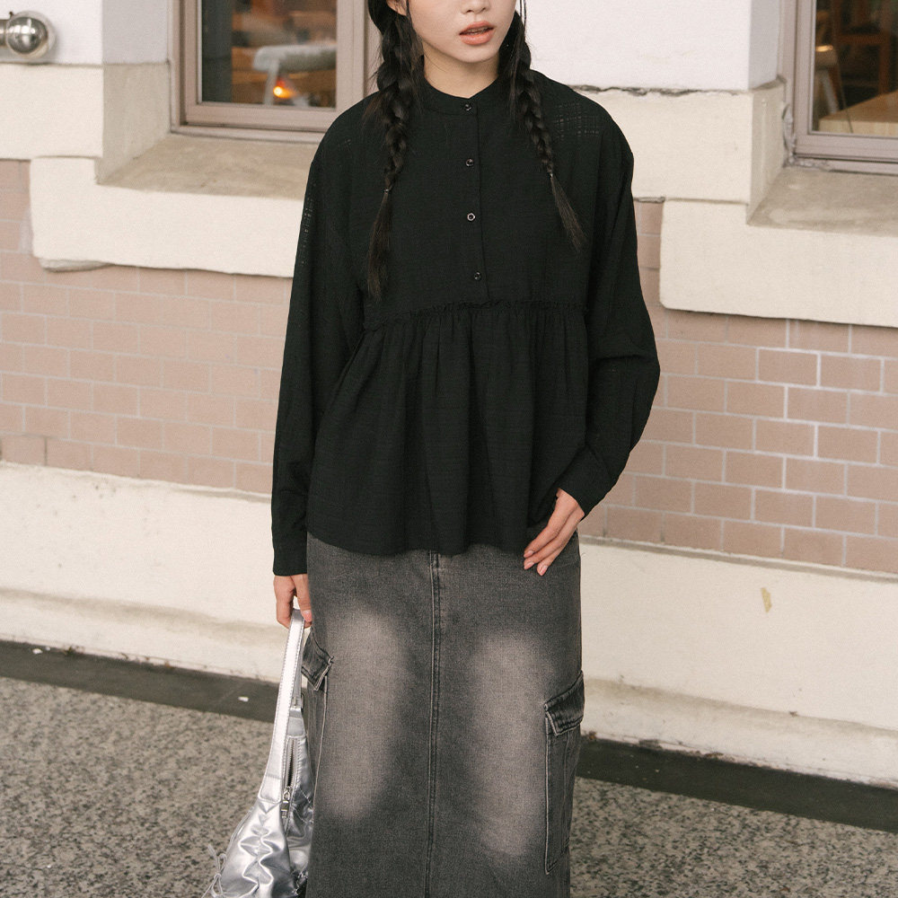 QUEENSHOP 2026秋冬新品女装简约透肤格纹中山领衬衫-黑01025859