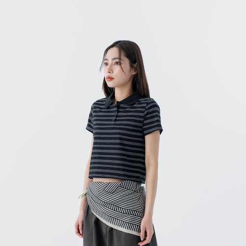 条纹POLO领短版短袖上衣