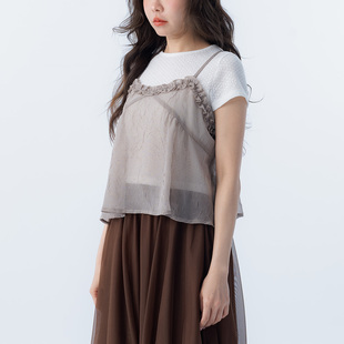 荷叶V领皱皱网纱细肩背心 女装 咖01099645 2026春夏新品 QUEENSHOP