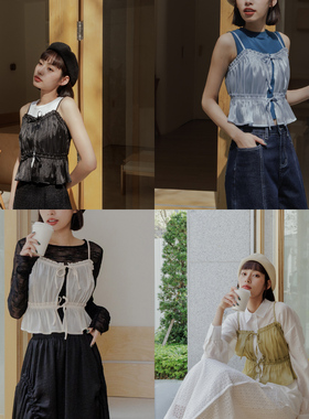 QUEENSHOP 2025秋冬新品女装光泽荷叶边绑带细肩罩衫背心01098869