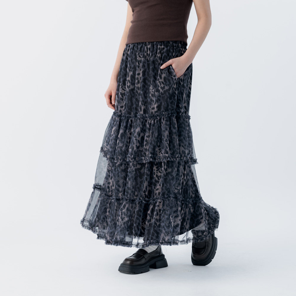 QUEENSHOP 2026春夏新品女装棉花糖豹纹透纱造型蛋糕长裙03021742