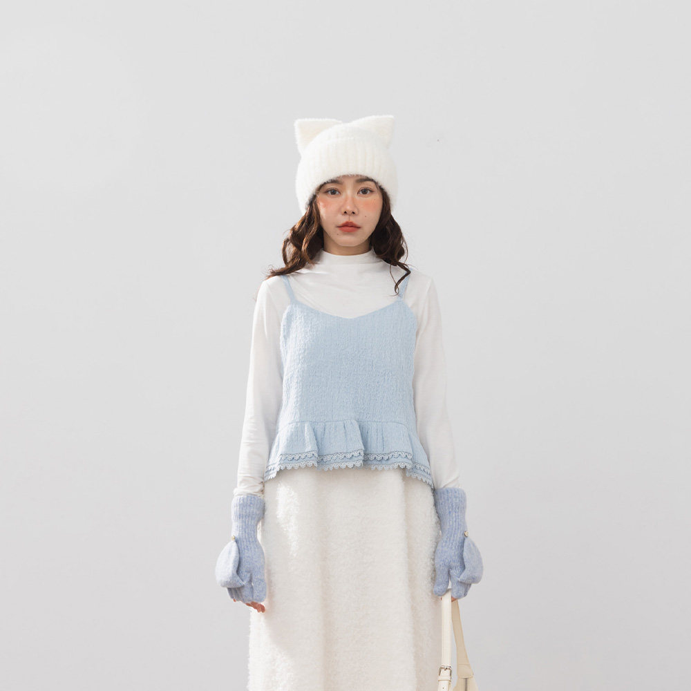 QUEENSHOP 2025秋冬新品女装蕾丝下摆毛绒罩衫吊带背心