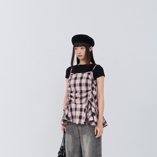 配色格纹抽绳细肩罩衫 女装 背心01099524 2026春夏新品 QUEENSHOP