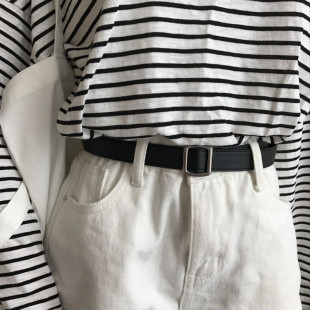 带女 无孔细皮带牛仔裤 韩国新款 柔软方扣头腰带复古流行