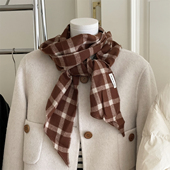 柔软美拉德色系仿羊绒轻薄小围巾春秋冬季 护颈围脖格子纯色领巾女