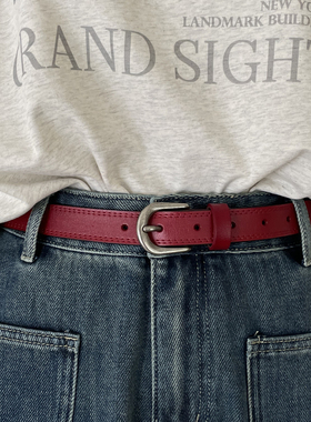 中古港风复古真皮腰带女士牛皮红色软小皮带2025新款西裤裤带百搭