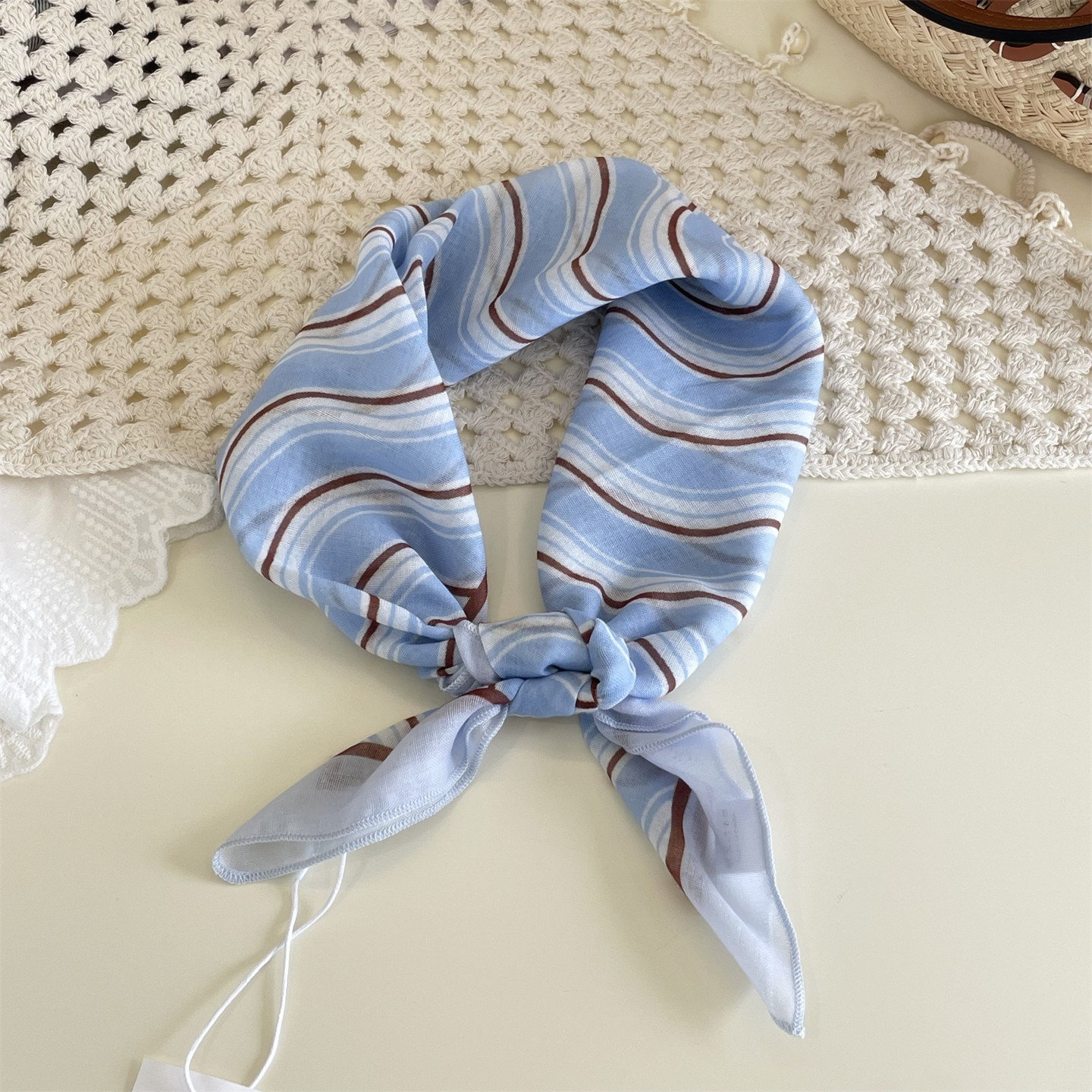 蓝色条纹小清新方巾柔软透气棉麻丝巾包包腰带装饰领巾头巾文艺范