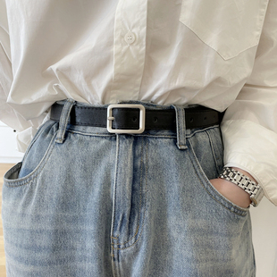带简约学生 牛仔裤 极简风高级百搭皮带女款 方扣小腰带哑光黑色夏季