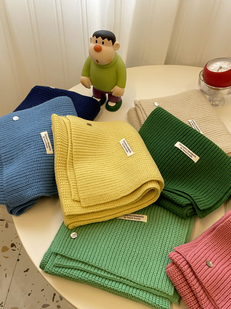 进口贝壳扣装饰35%羊毛毛线围巾纯色学生围脖保暖新款秋冬季男女