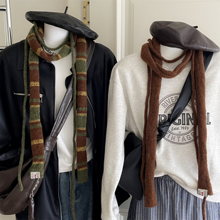 韩系大地色棕色系腊肠双根装饰长条小围巾红色围脖秋冬季氛围感女