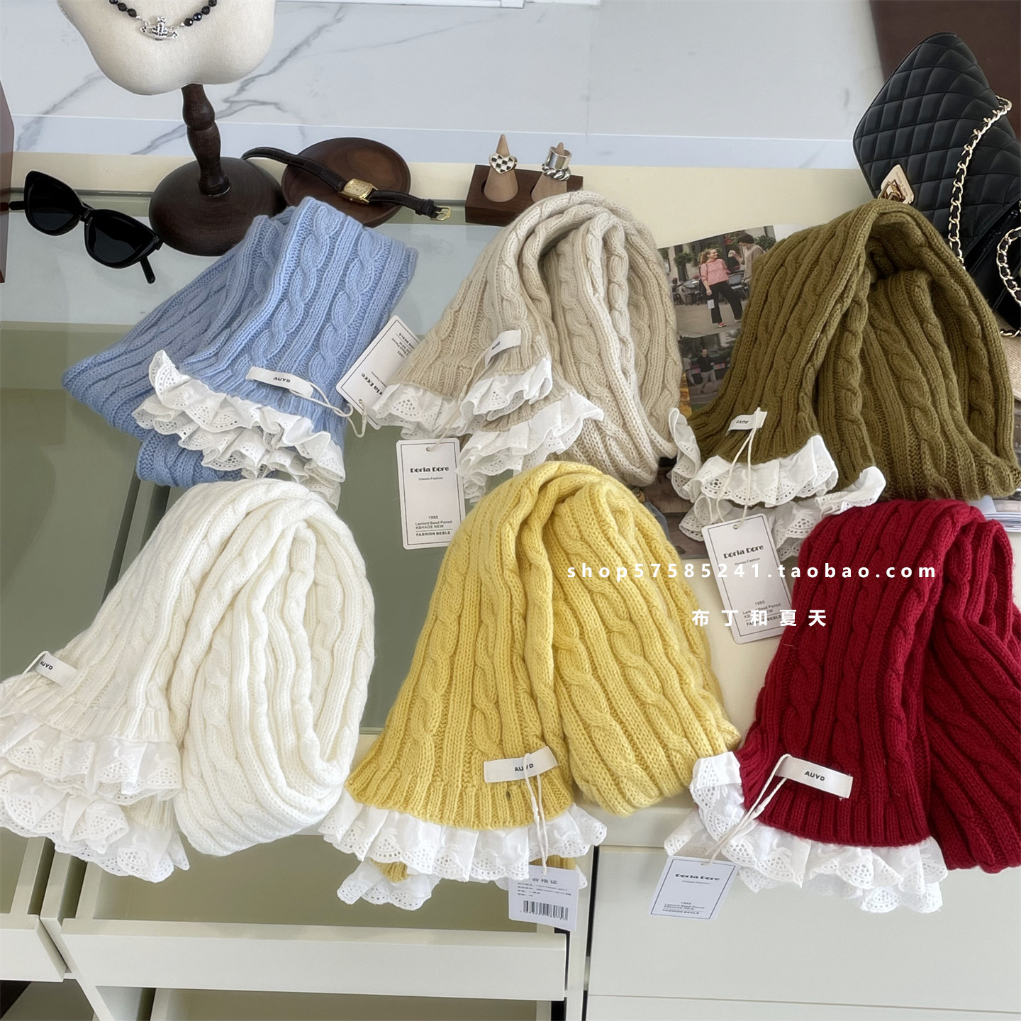 小众超可爱蕾丝边围巾麻花复古围脖学生女士甜美纯色秋冬季保暖