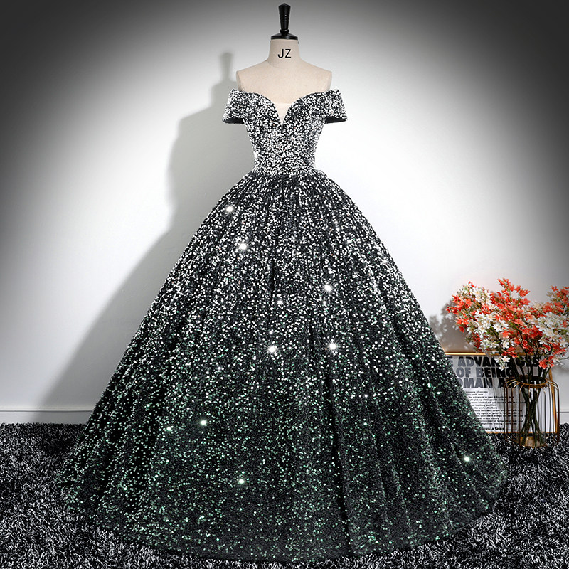 一字肩亮片晚礼服女声乐艺考美声独唱演出服年会主持人表演蓬蓬裙