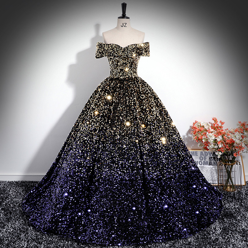 一字肩晚礼服女声乐艺考美声独唱演出服轻奢亮片年会主持人蓬蓬裙