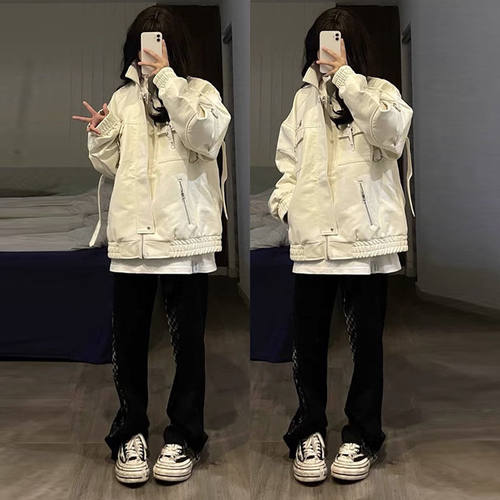 白色拼接机车皮衣外套女早春美式复古vintage甜酷辣妹棒球服夹克