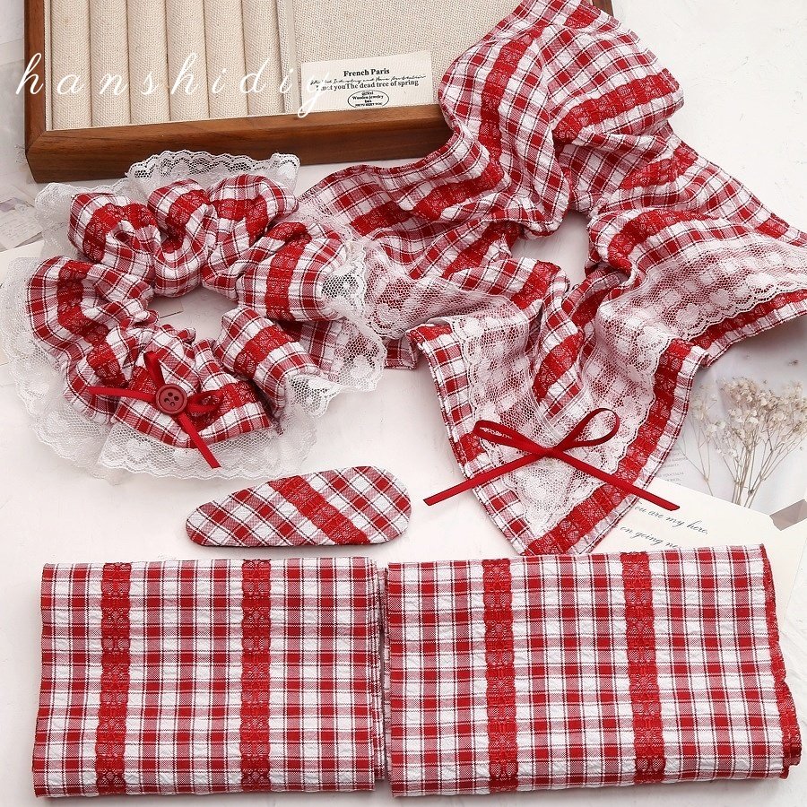 韩系复古红色格子格纹布料蕾丝花边发圈diy材料手工发夹头绳辅料