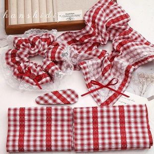 韩系复古红色格子格纹布料蕾丝花边发圈diy材料手工发夹头绳辅料