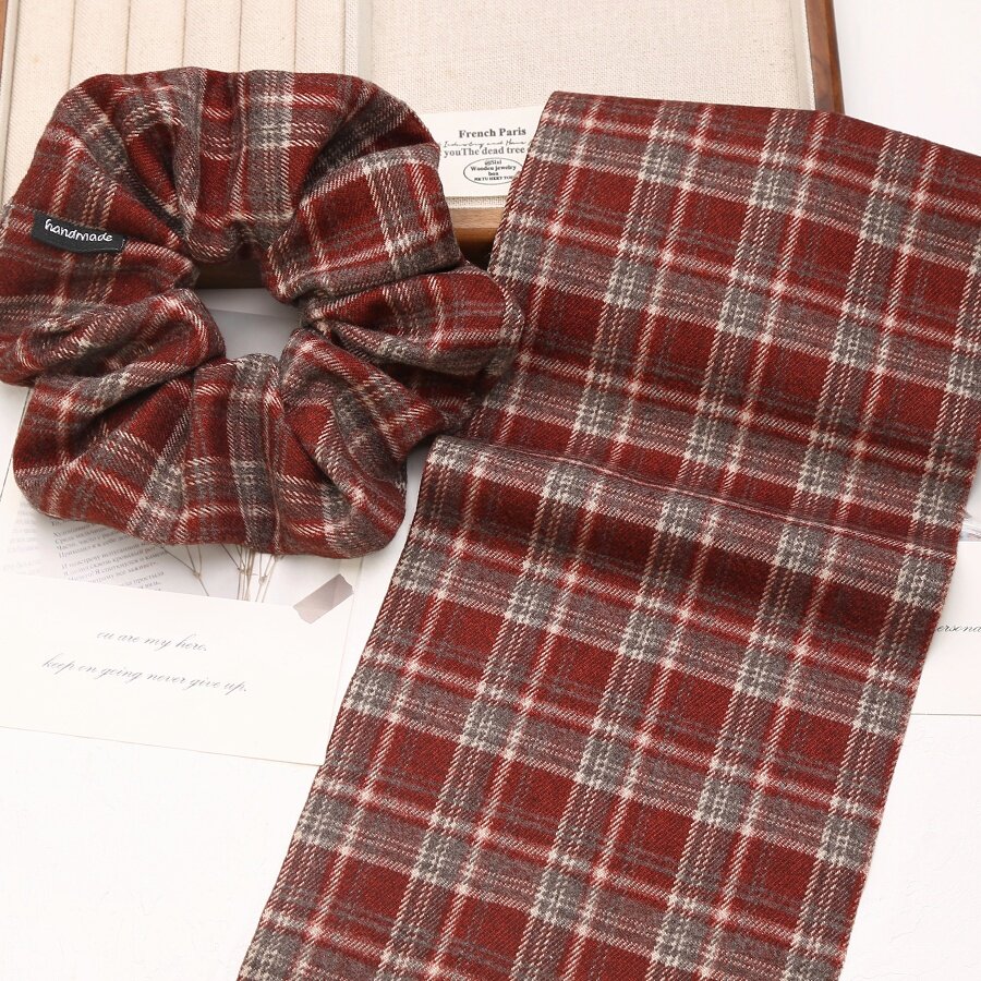 秋冬复古磨毛枣红格纹大肠发圈diy布料布条手工发饰肠圈材料辅料