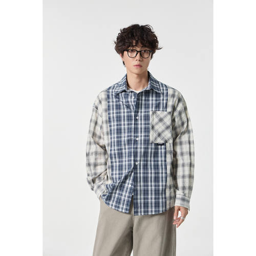 2026春季新款拼接格纹衬衫男宽松Oversize复古衬衣小众设计感外套