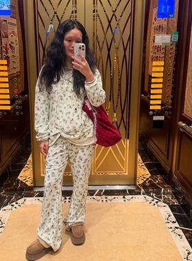 韩国代购 minjiena floral terry 短绒 绑带 连帽套头卫衣 卫裤