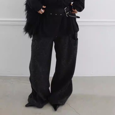 olssen点点褶皱边直筒休闲裤