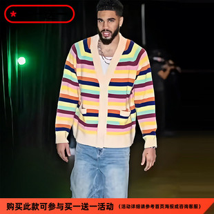 Profound Foundation支线 羊毛混纺彩虹条纹毛衣开衫 塔图姆上身