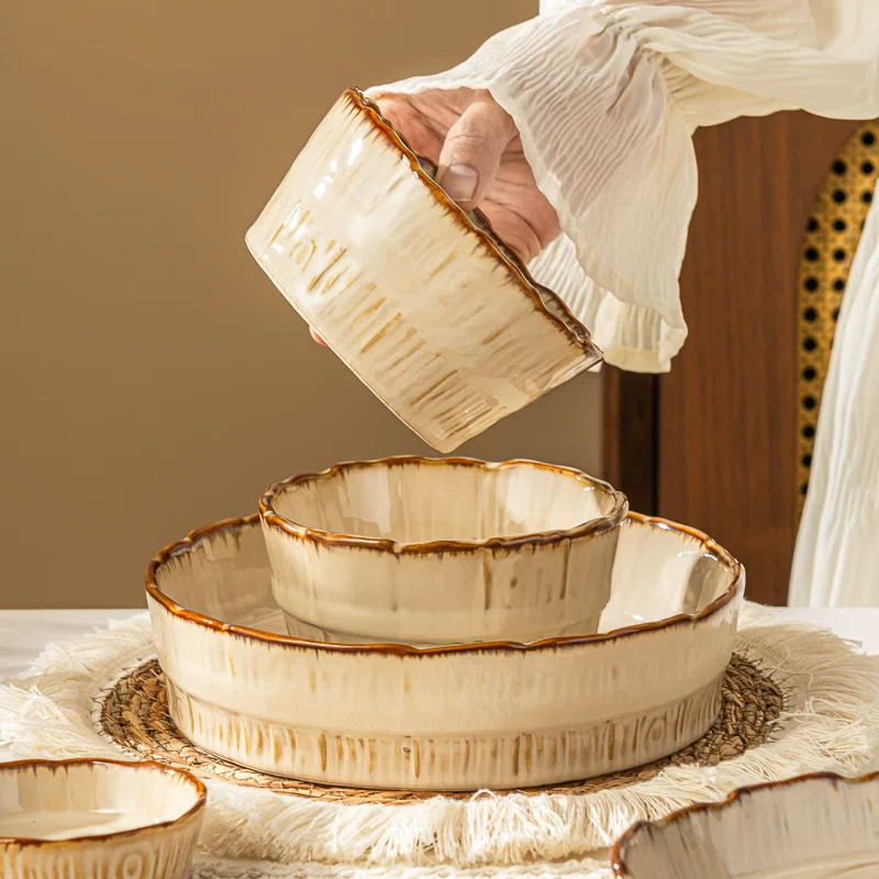 日式复古木桶饭碗盘子家用创意高级小碗餐盘汤碗鱼盘窑变陶瓷餐具