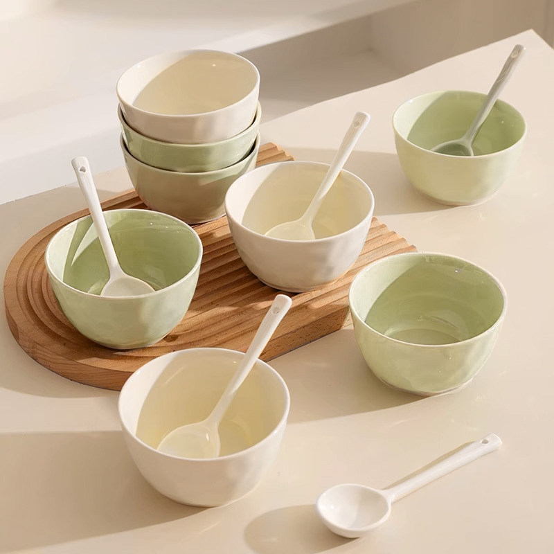 家用陶瓷米饭碗2025新款奶油风饭碗高级感碗勺餐具个人专用吃饭碗