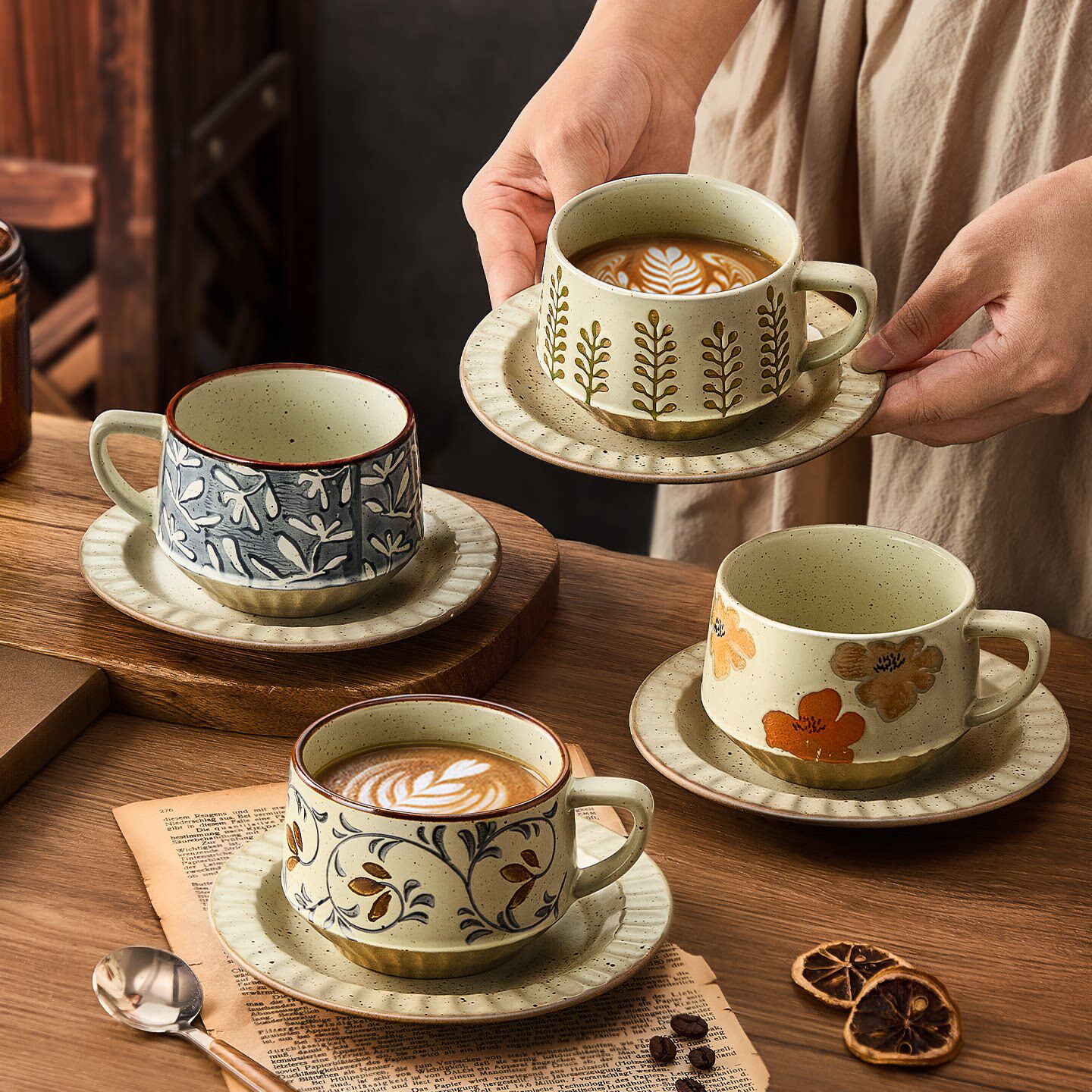 2026新款高级感复古咖啡杯碟套装粗陶拉花杯子家用高档精致马克杯