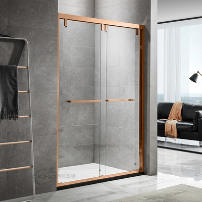 轻奢窄边框不锈钢玫瑰金淋浴房一字形缓冲移门玻璃门整体浴室隔断