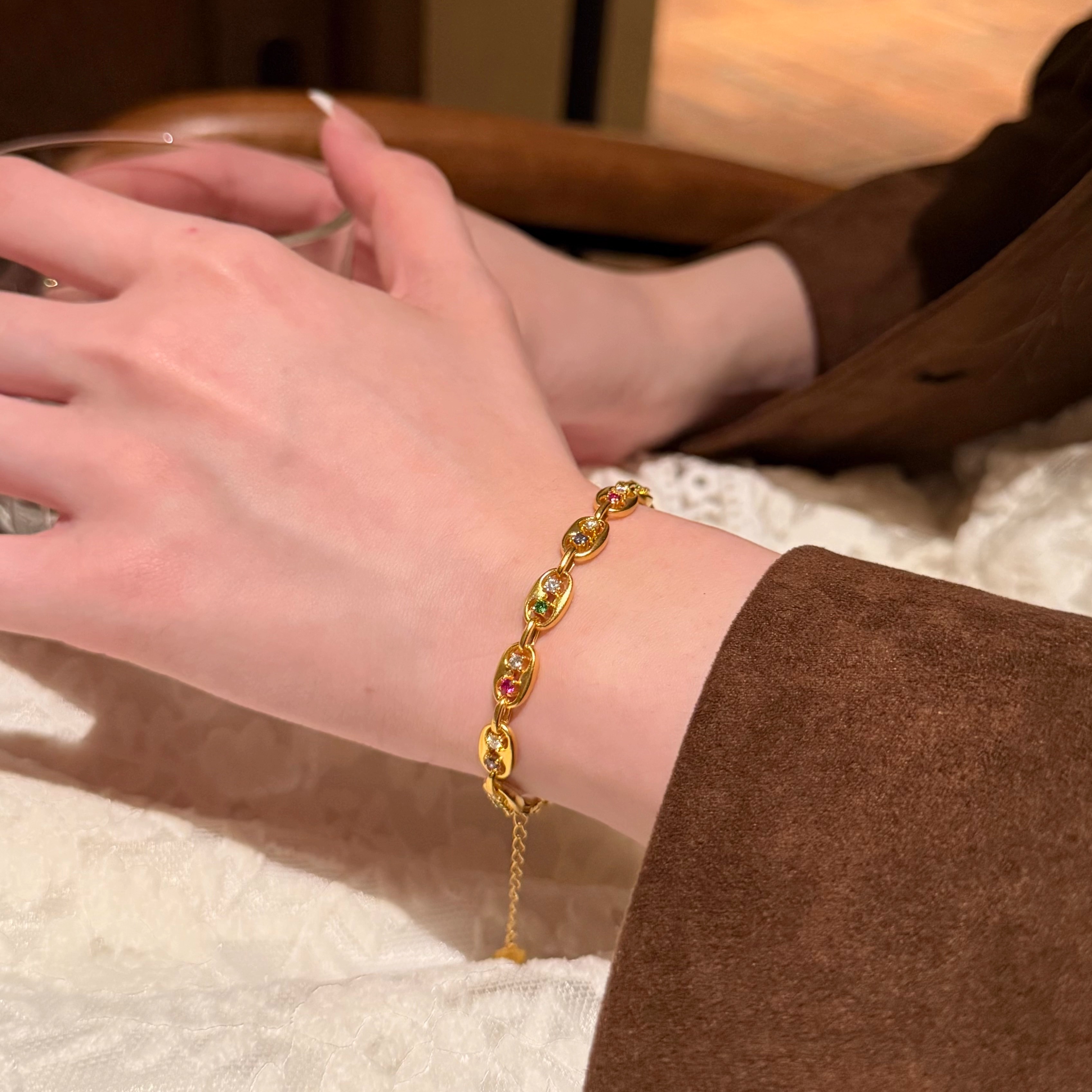 黄金手链珠光闪闪的多彩女足金AU999手链彩色手链支持复检带证书