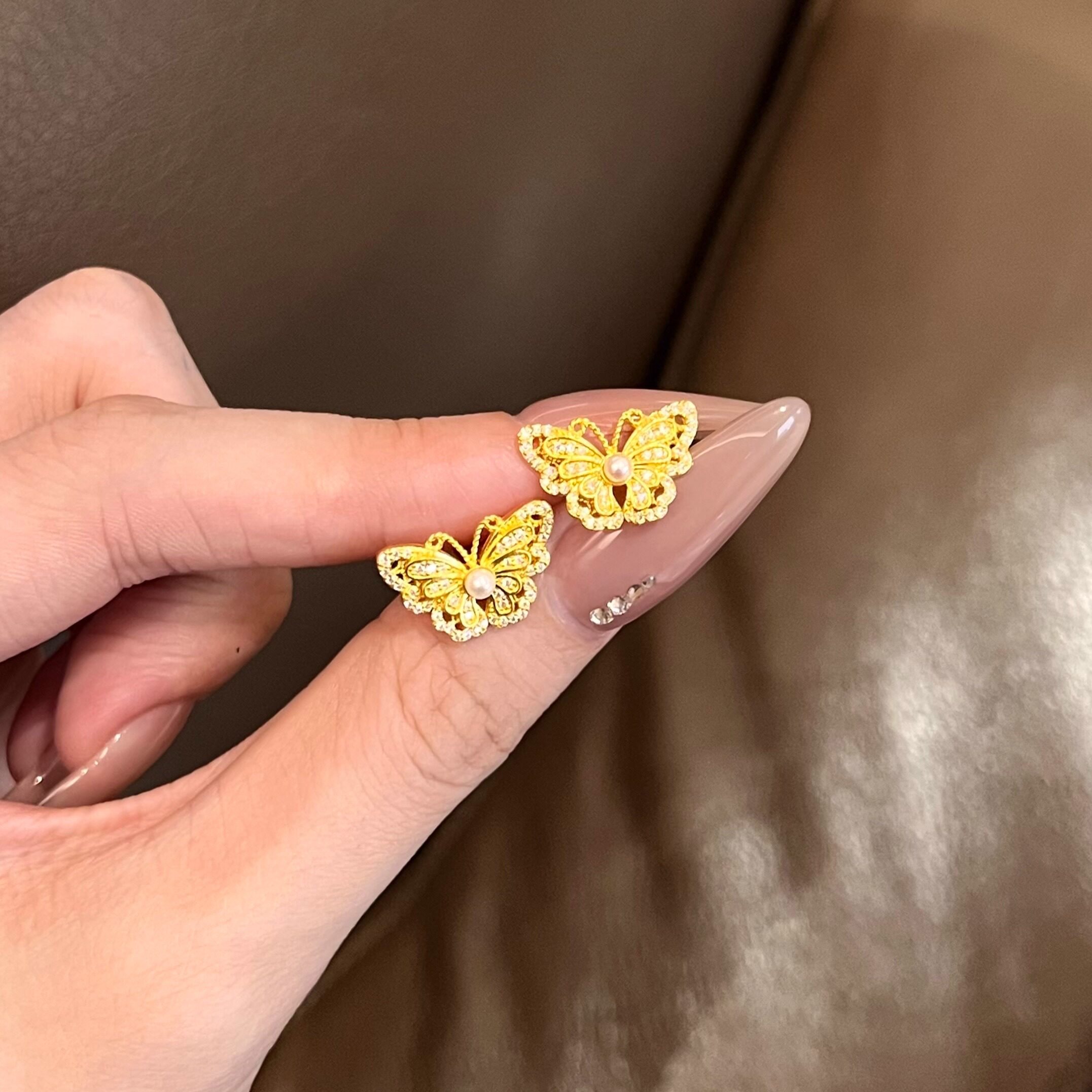 蝴蝶黄金耳钉女士田园风足金999耳饰黄金支持复检带证书送礼盒