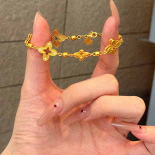 潮牌同款小香风时尚百搭女生黄金手链港风四叶草足金999手链礼物