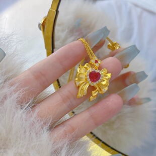 黄金爱心女神二次元美少女5D硬金女生吊坠蝴蝶结红心足金999吊坠