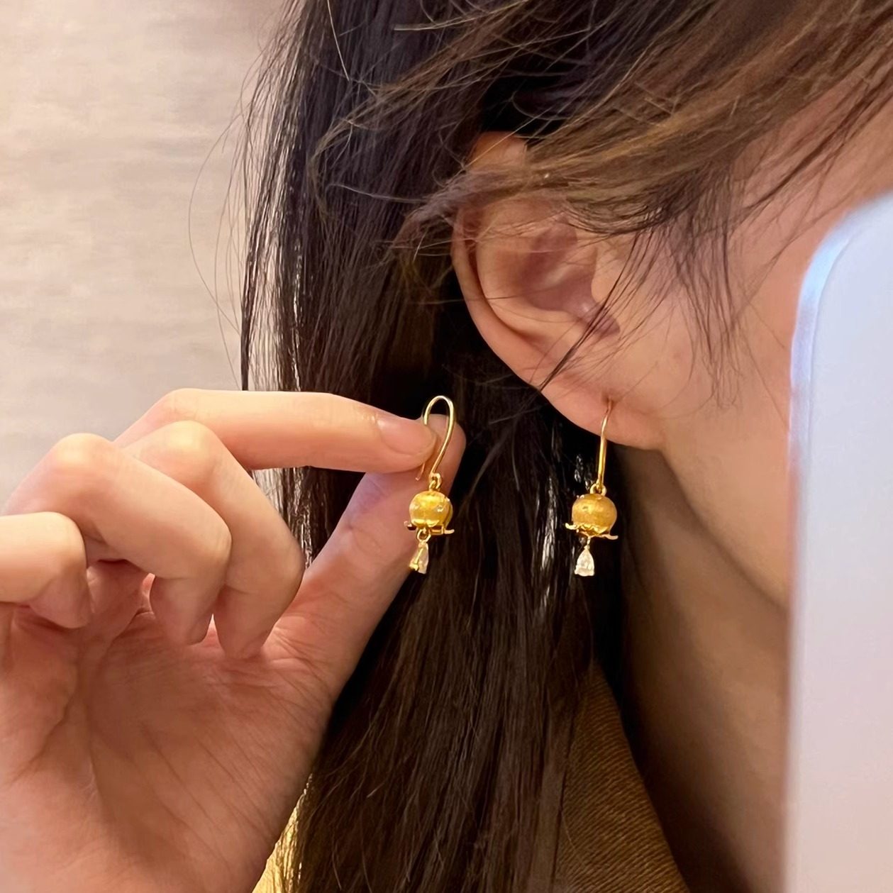 黄金花之物语锆石蓝铃花耳钩百搭俏皮铃铛耳坠足金999支持复检