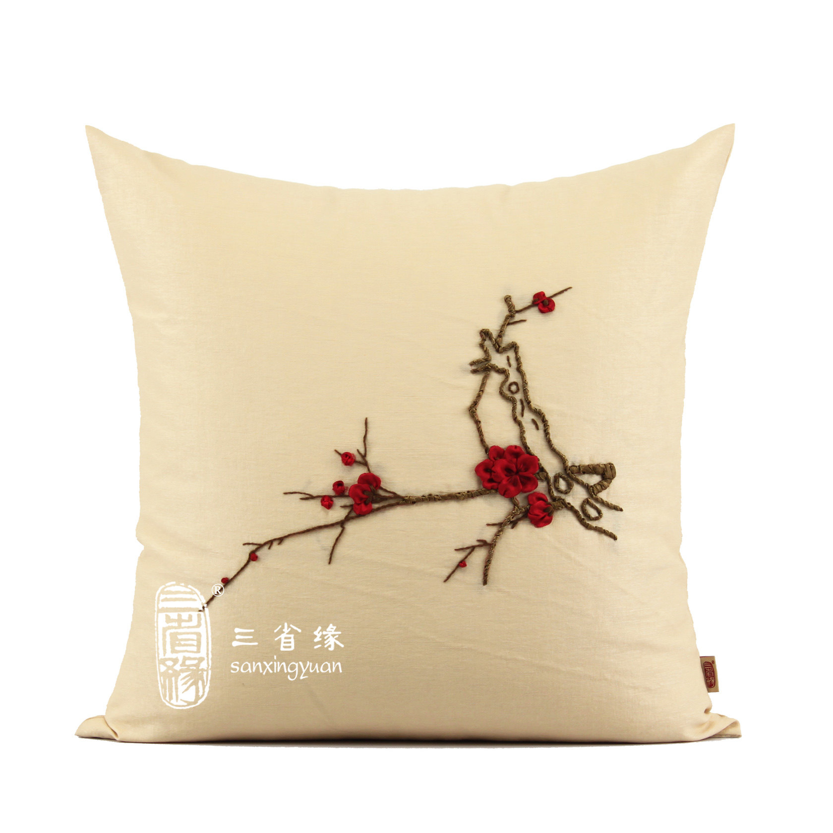 梅兰竹菊冰丝麻丝带绣抱枕艺术靠垫居家靠包沙发靠背套送枕芯包邮