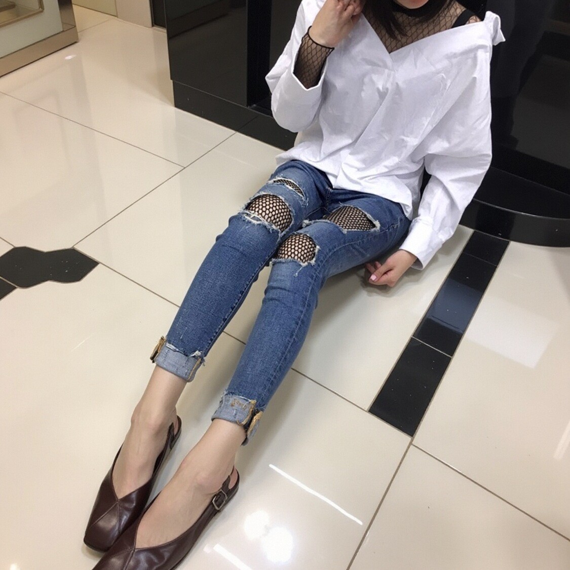 韩品显瘦弹力高腰修身破洞带网九分蓝色小脚牛仔裤女2025春夏新款