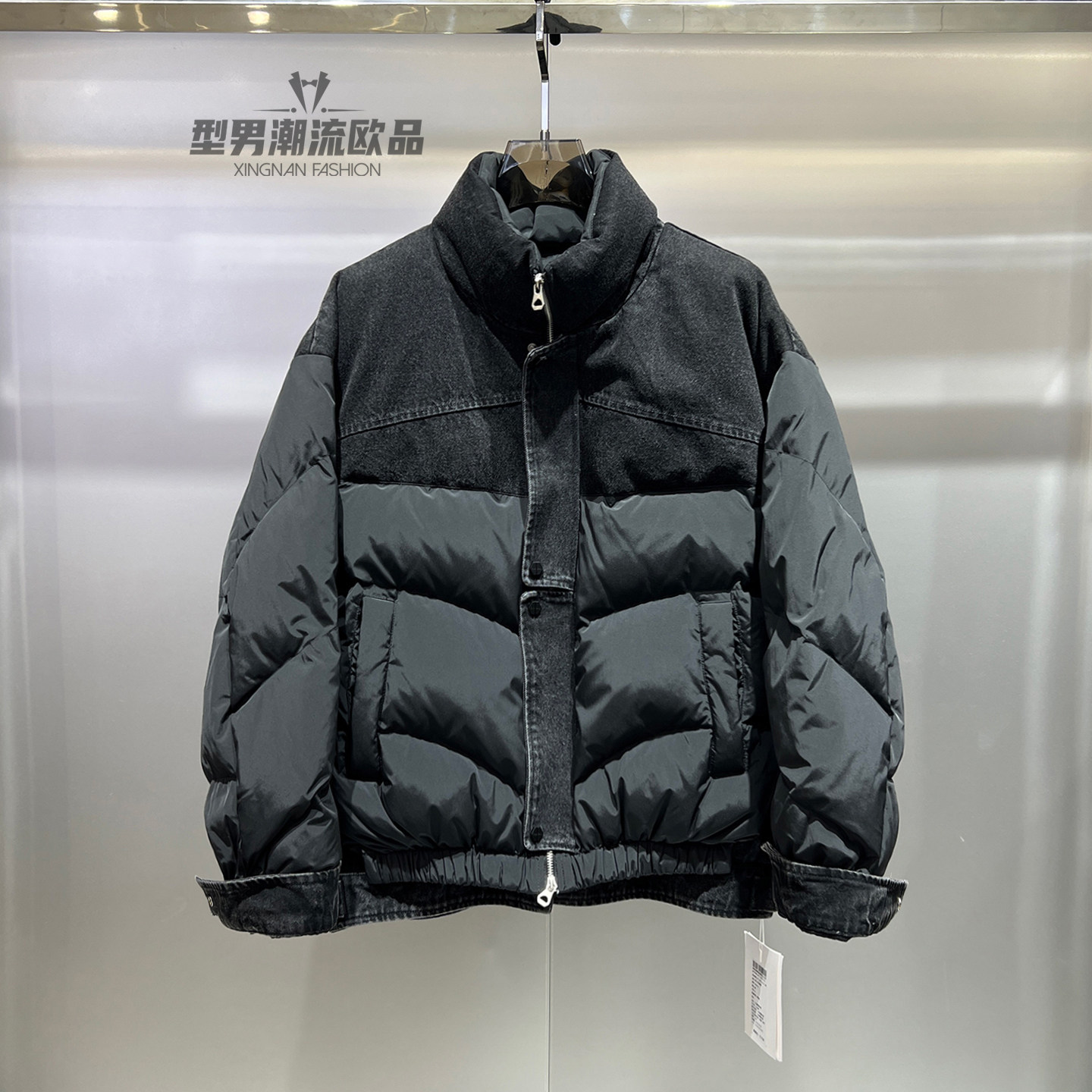 2025冬季加厚立领羽绒服男短款黑色潮流休闲宽松保暖牛仔拼接外套