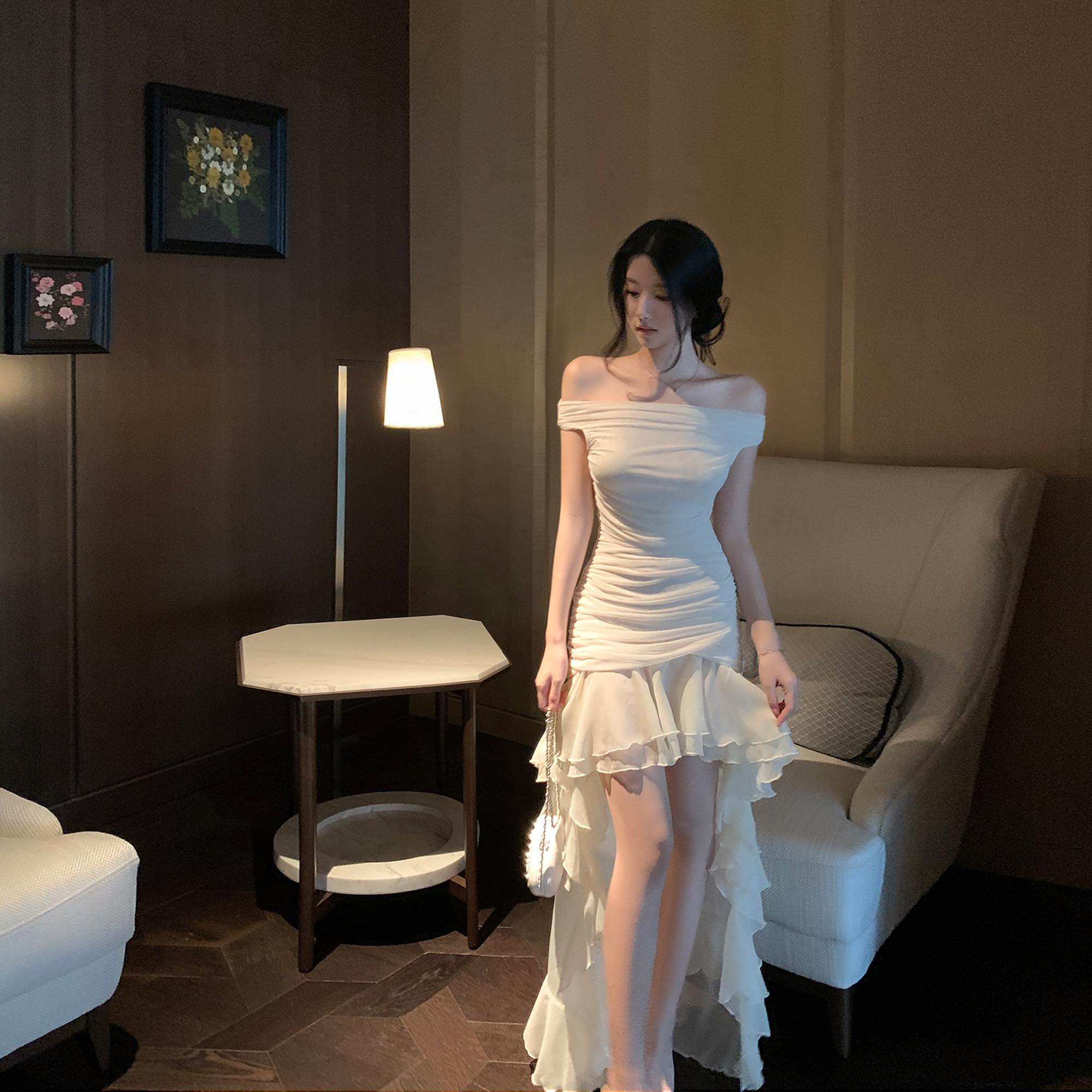 Tongse 心软的神 弹力网纱拼接独度假连衣裙修身荷叶边公主裙