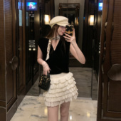 Tongse 莉莉周 百搭减龄丝绒千层蛋糕裙高腰A字短裙女半身裙