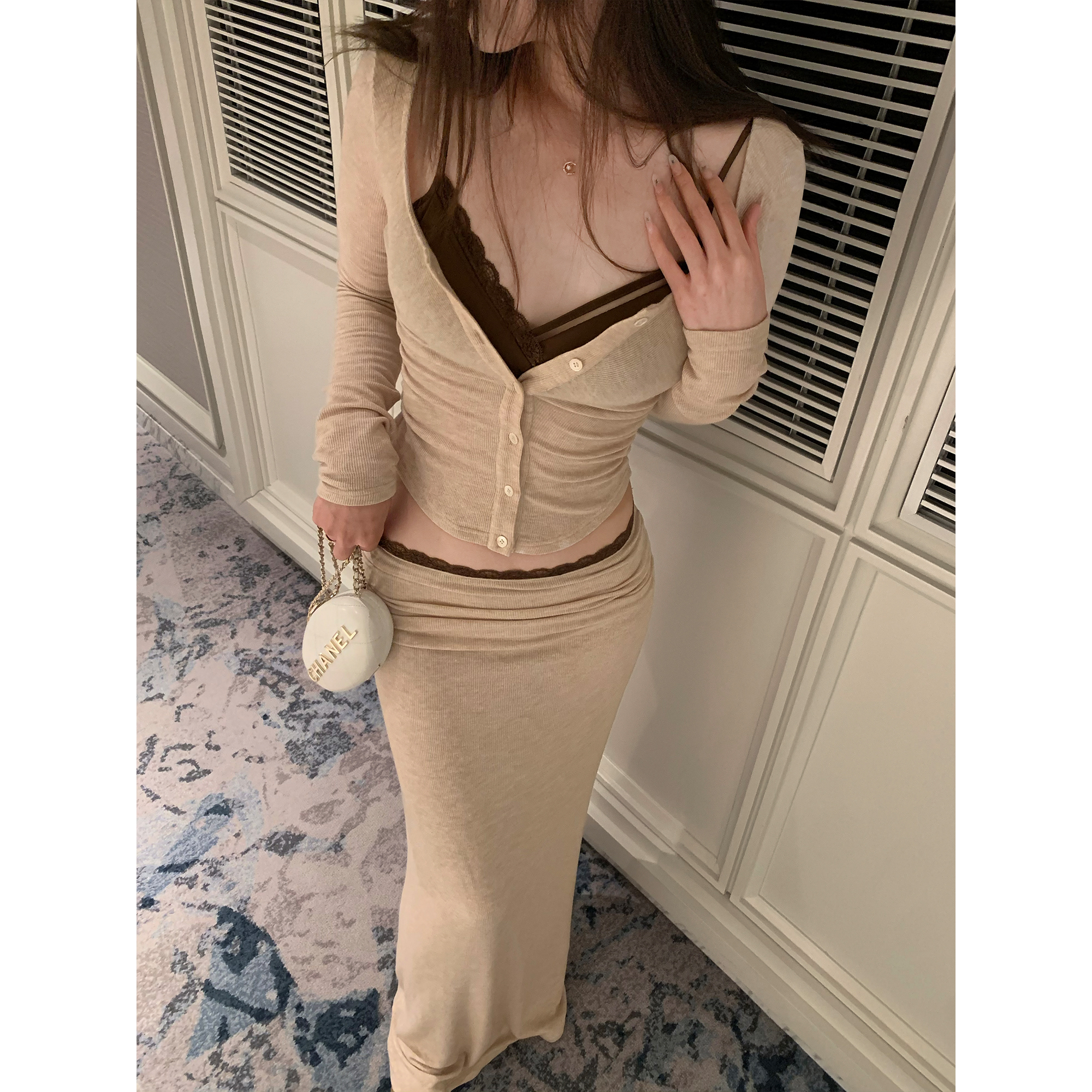 辣妹风性感针织套装长袖上衣女